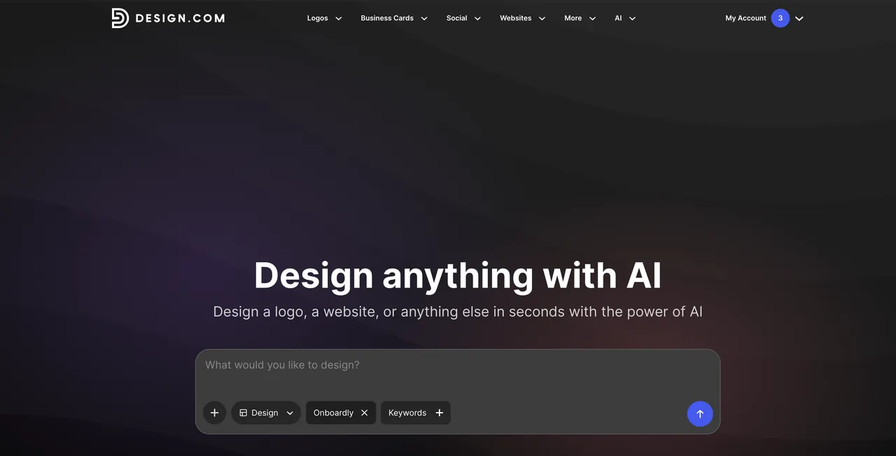 Design.com home page: a single prompt box offering to design a logo, a website or a deck with AI