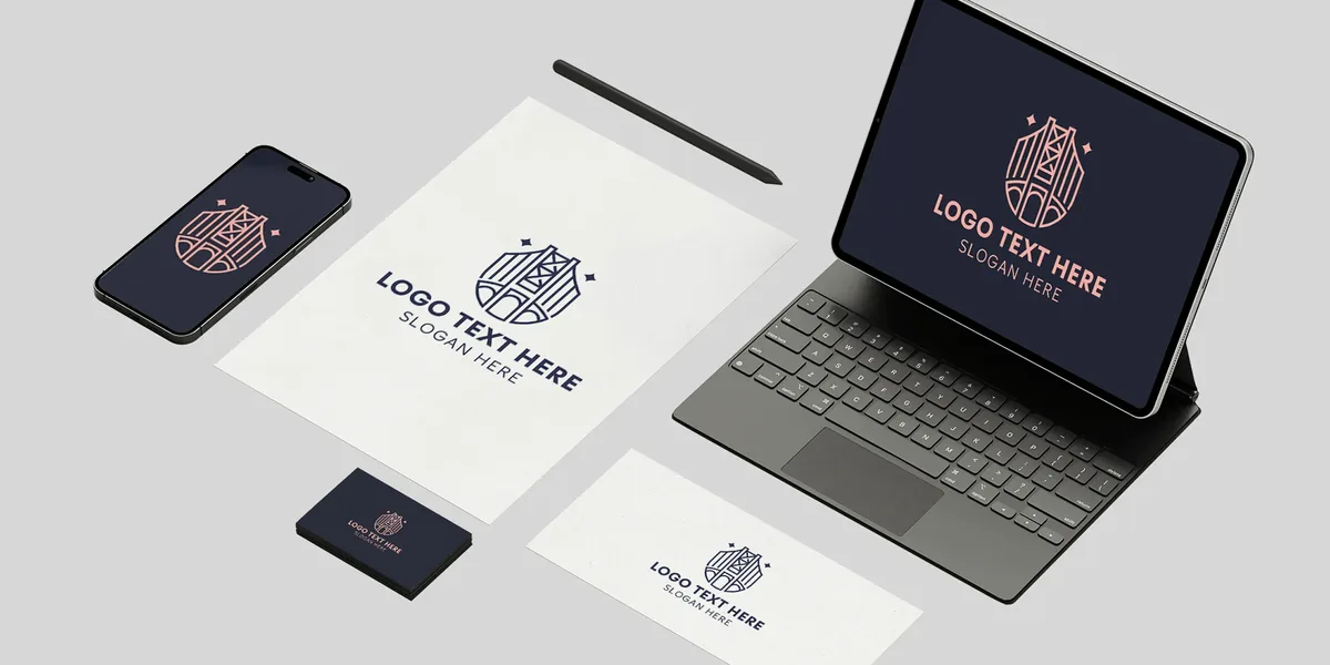 A Design.com logo applied automatically to a letterhead, a business card, a phone screen and a tablet