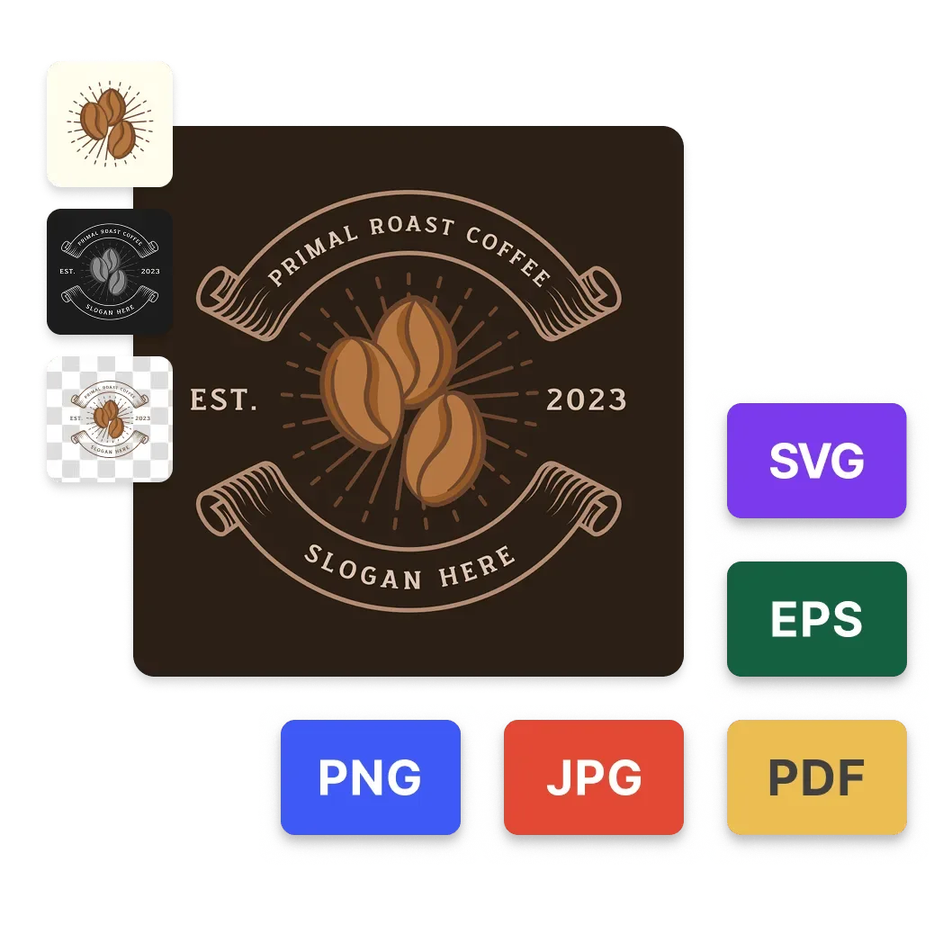 The formats delivered with a Design.com logo: SVG, EPS, PNG, JPG and PDF, with light, dark and transparent variants