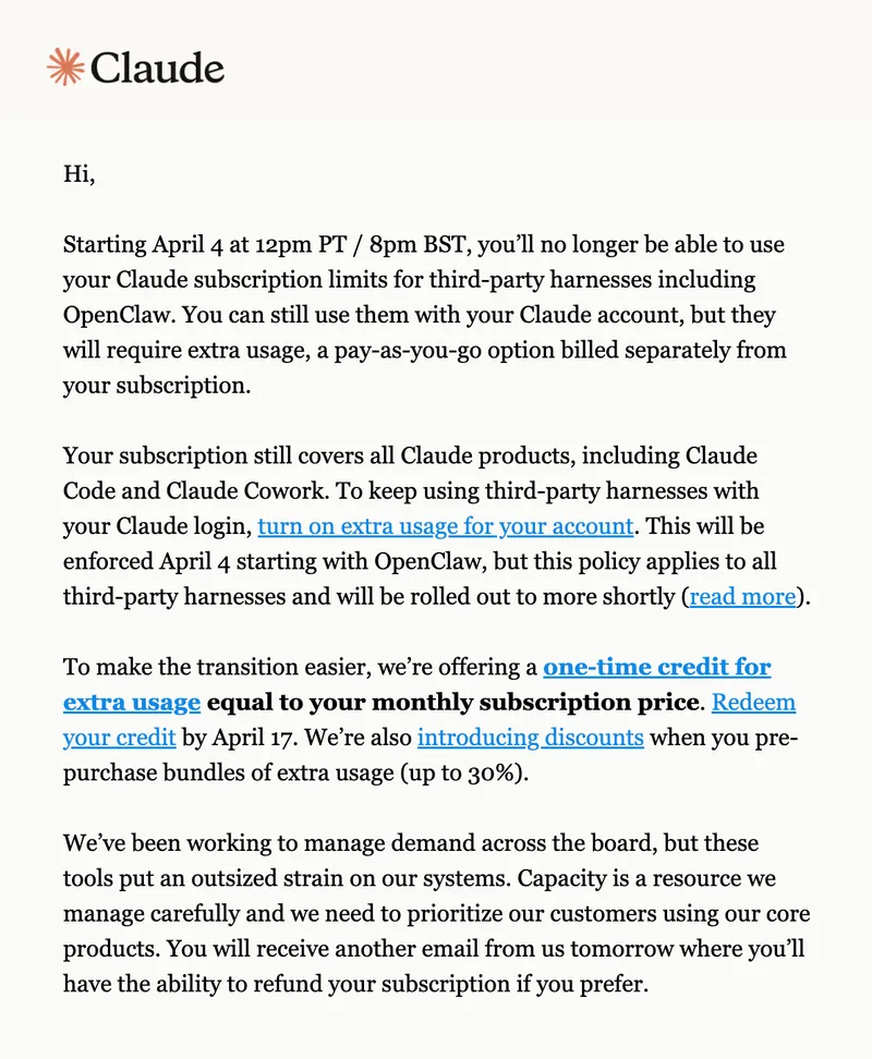 Anthropic email announcing the end of third-party harness access via Claude Pro subscription, April 2026